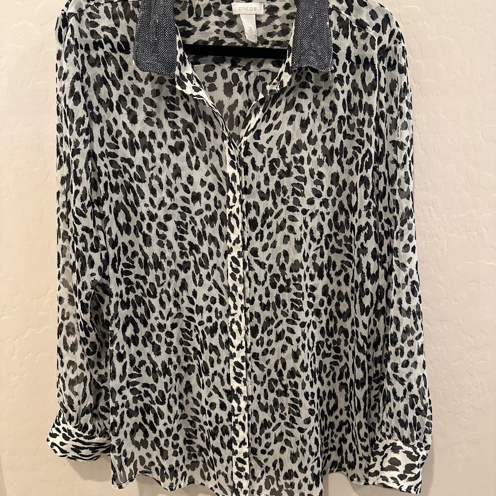 Chicos sheer leopard blouse sequin collar